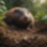 Close-up of a mole burrow in a garden