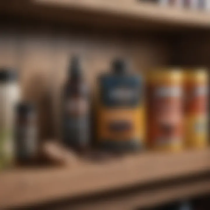 Various mole deterrent products displayed on a shelf