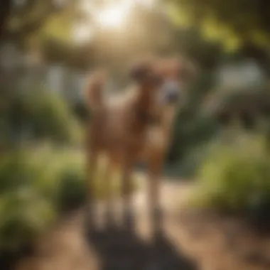 A healthy dog curiously sniffing around a garden area