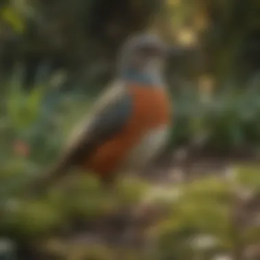 Visual Strategies for Bird Deterrence A serene garden with visual bird deterrents like reflective tape and decoys.