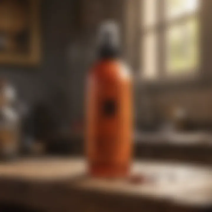 Close-up of spider killer spray bottle on a wooden table