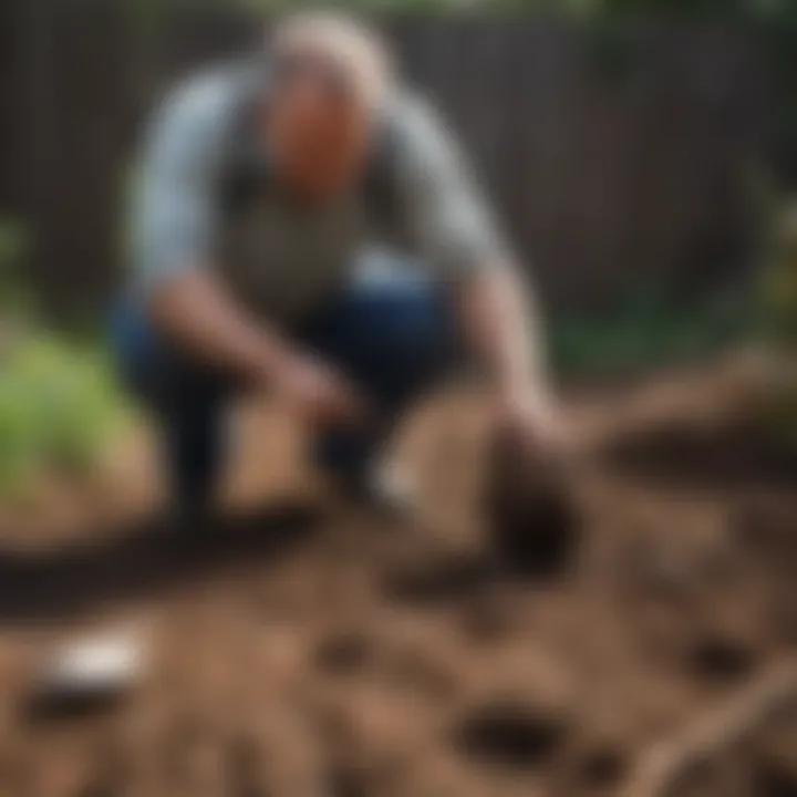 A professional examining a yard for mole infestation