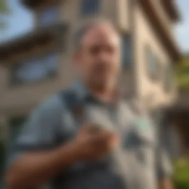 Professional pest control technician inspecting a house