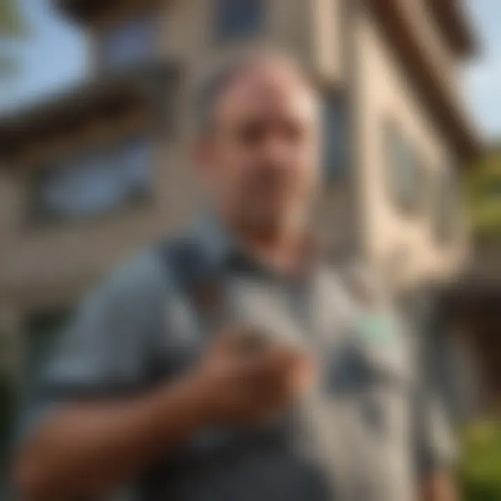 Professional pest control technician inspecting a house