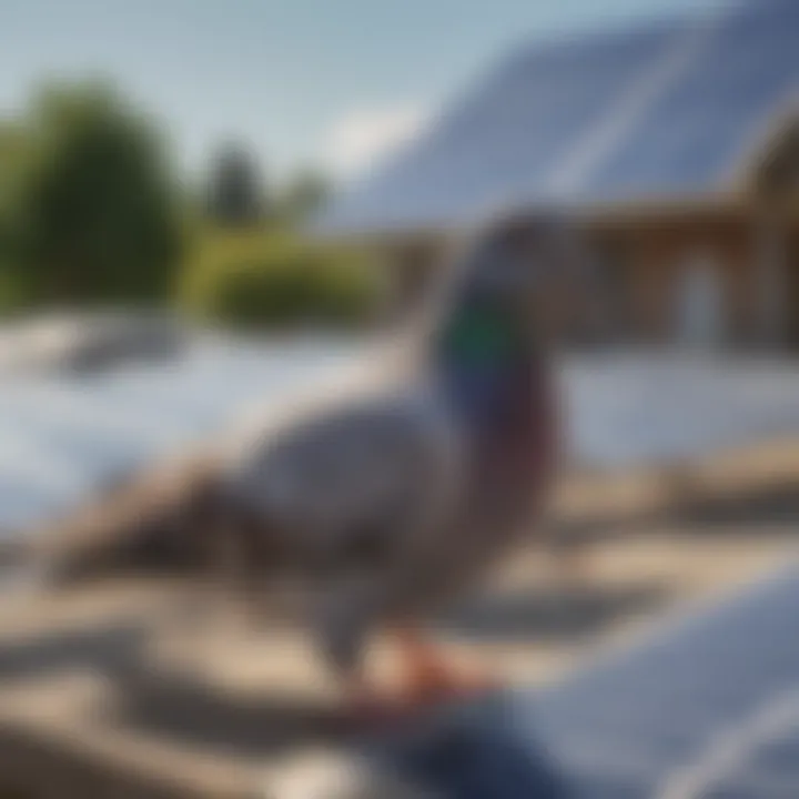 Close-up view of a pigeon with solar panels in the background, highlighting the ecological dynamics