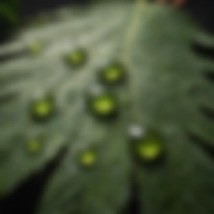 Close-up view of cold pressed neem oil droplets on a leaf