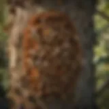 Close-up of a bee hive nestled in a tree