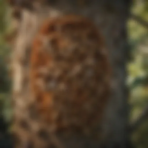 Close-up of a bee hive nestled in a tree