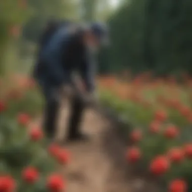 An exterminator applying treatment to a rose garden