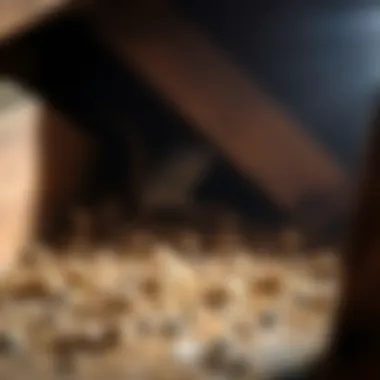 Identifying Rodent Infestation Close-up view of rodent droppings in an attic space, indicating an infestation.