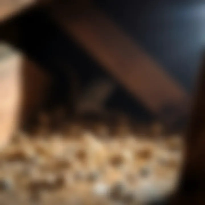 Identifying Rodent Infestation Close-up view of rodent droppings in an attic space, indicating an infestation.