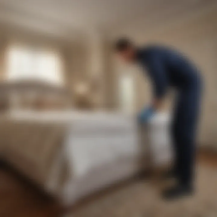 Professional pest control technician inspecting a bedroom