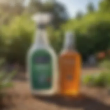 Illustration of various chemical flea repellents in a garden setting