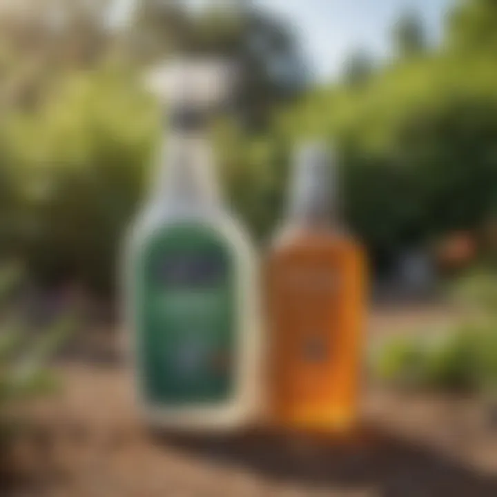 Illustration of various chemical flea repellents in a garden setting