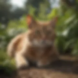 A serene cat resting in a garden, surrounded by natural plants
