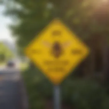 A warning sign indicating bee presence near a residential area