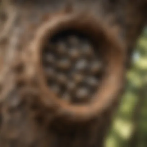 Close-up of a hornet's nest in a tree