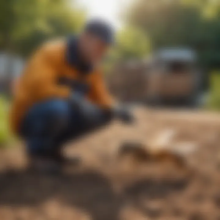 Illustration of a pest control professional inspecting a yard