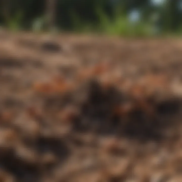 Close-up view of ants in mulch showcasing their movement and behavior
