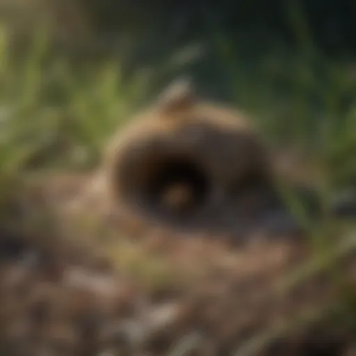 Close-up view of a ground bee's nest among grass