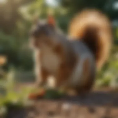 A squirrel foraging for food in a garden