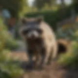 Raccoon in a suburban garden exploring for food.