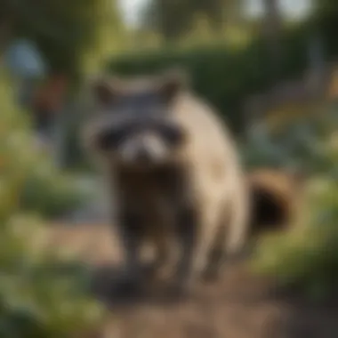 Raccoon in Suburban Garden Raccoon in a suburban garden exploring for food.