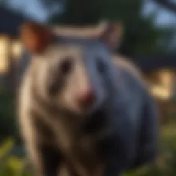 Close-up of a possum in a garden at dusk