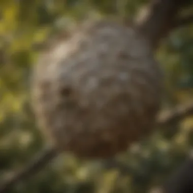 A close-up view of a wasp nest hanging from a tree branch