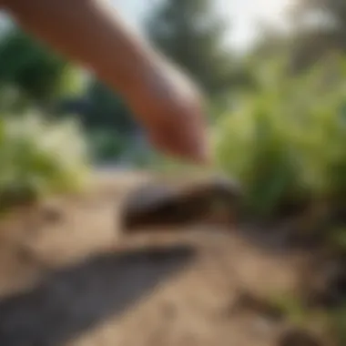 A hand applying a natural flea control product around garden edges