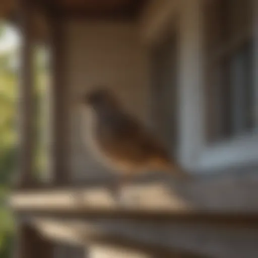 A bird perched on a porch rafter