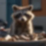 Raccoon inspecting a trash can