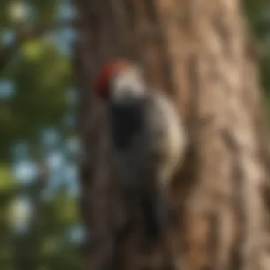 Close-up of a woodpecker perched on a tree, showcasing the potential damage.