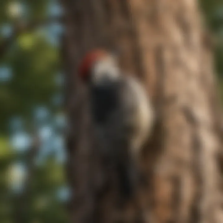 Close-up of a woodpecker perched on a tree, showcasing the potential damage.