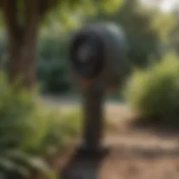An electronic possum repellent device in a garden setting