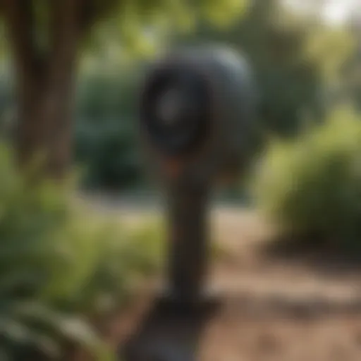 An electronic possum repellent device in a garden setting