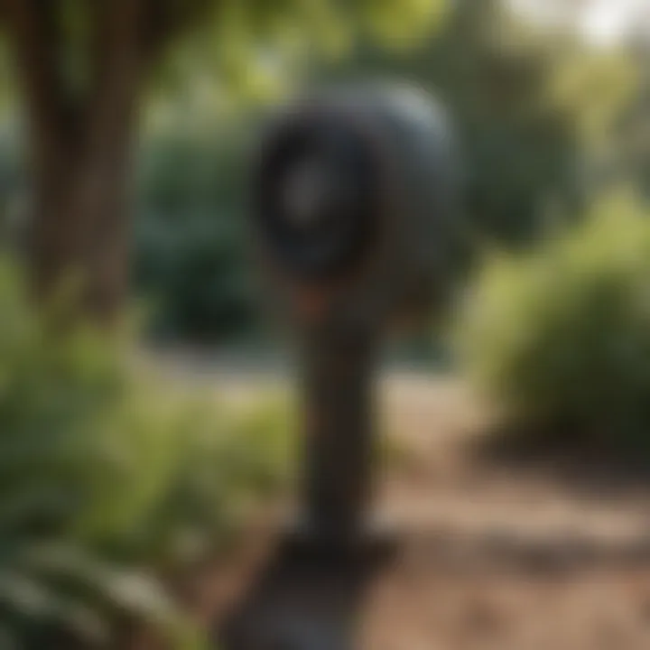 An electronic possum repellent device in a garden setting