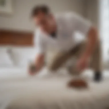 A professional pest control technician applying bed bug spray in a home