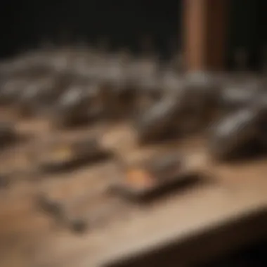 Various types of mouse traps lined up to demonstrate their unique mechanisms