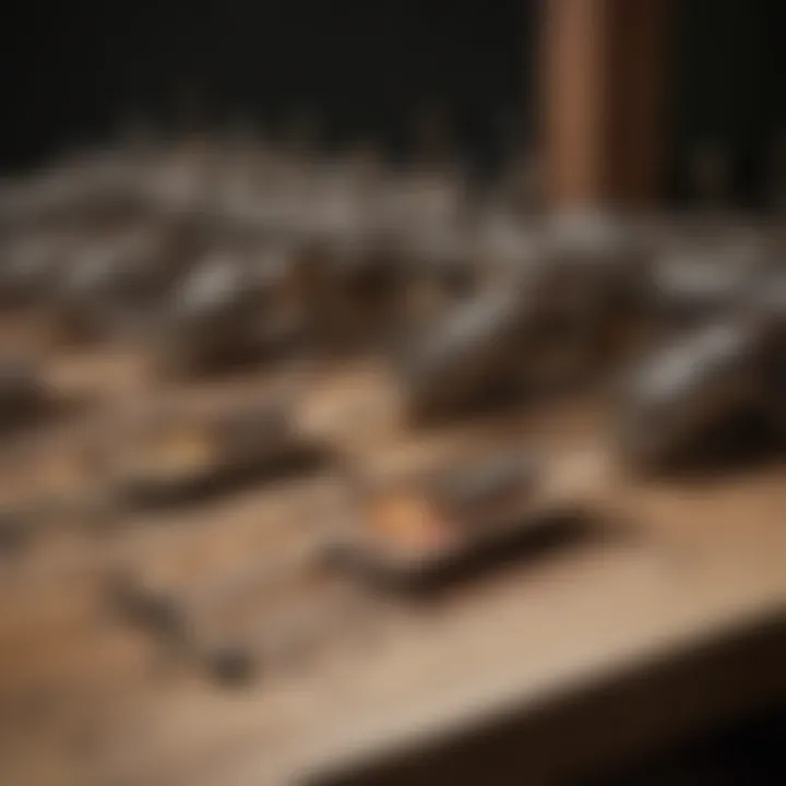 Various types of mouse traps lined up to demonstrate their unique mechanisms