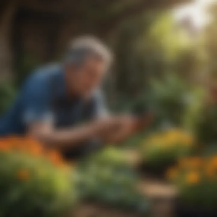 A gardener using a smartphone in a garden setting