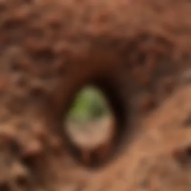 A close-up view of a Texas fire ant mound, showcasing intricate tunnels and structure