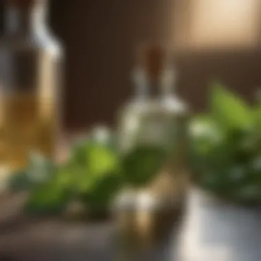 Natural Peppermint Oil A natural peppermint oil bottle with fresh leaves in the background