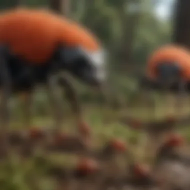 Behavioral Dynamics of Velvet Tree Ants An illustration depicting the behavior and social interactions of velvet tree ants within their colony.