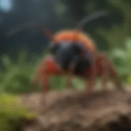 A close-up view of a velvet tree ant showcasing its unique morphology and vibrant colors.