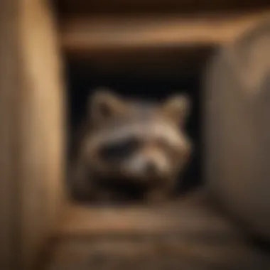 A raccoon peeking out from an attic opening