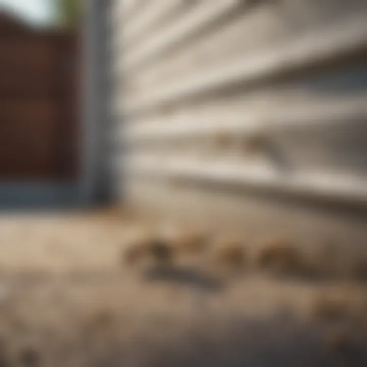 Close-up of bees buzzing around a garage entrance