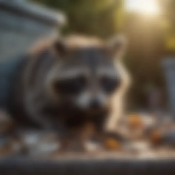 Raccoon peeking into a garbage can