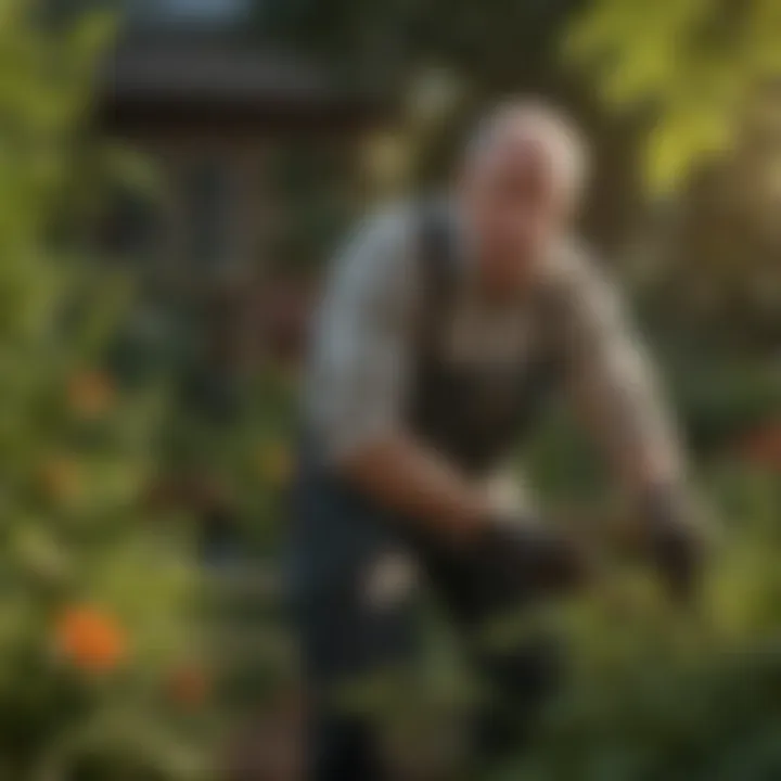 Gardener inspecting plants for pest infestations