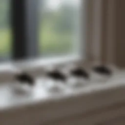 Close-up of black flies on a window sill